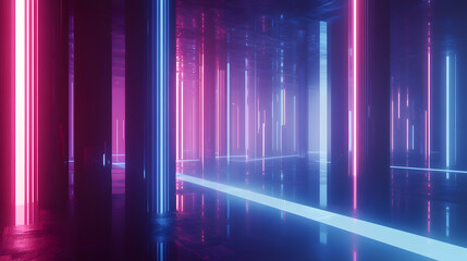 A vibrant, neon-lit hallway stretches into the distance, creating a dynamic and futuristic atmosphere with clean lines and bright colors.