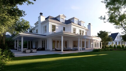 Fototapeta premium Elegant White Colonial Style Mansion with Expansive Green Lawn and Lush Trees in Sunlit Setting : Generative AI