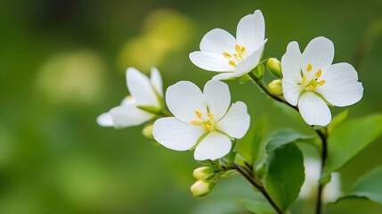 Closeup of three delicate white blossoms against a vibrant green background : Generative AI