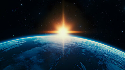 A stunning view of Earth from space, with a glowing horizon and soft light shining from the planet&rsquo;s atmosphere.