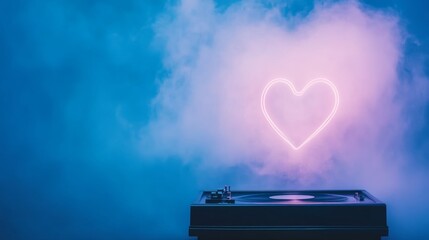 Neon Heart and Vintage Turntable in Blue Haze