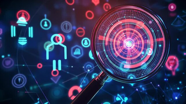 HRM or Human Resource Management, Magnifier glass focus to manager icon which is among staff icons for human development recruitment leadership and customer target. resume, interview.