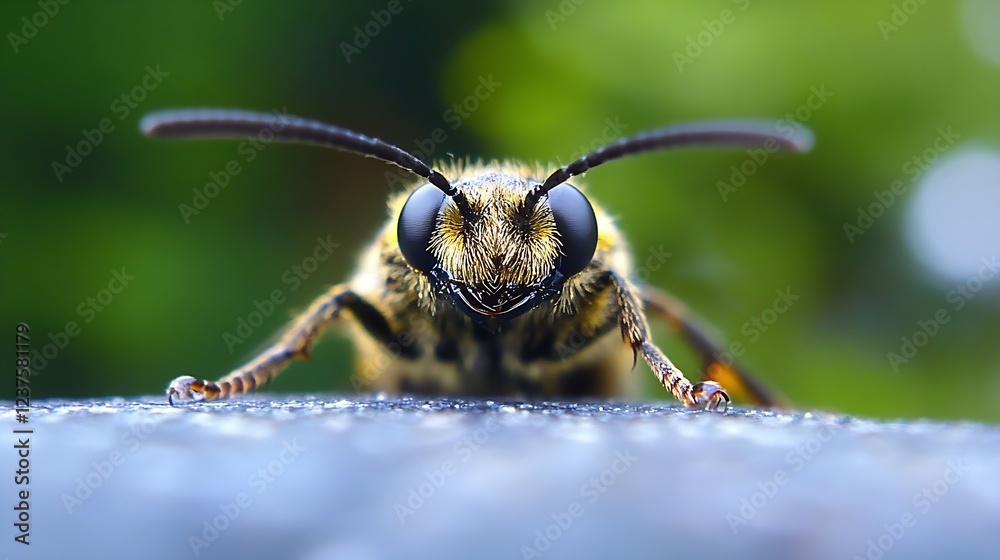Poster closeup macro photography of a bee with detailed eyes and antennae on colorful blurred background : 