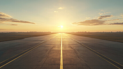 Empty airport runway with sunset sky background. Perspective view of runway