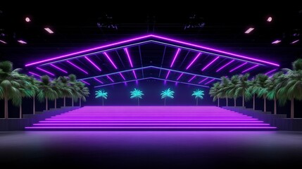 Neon Lit Stage with Palm Trees and Steps