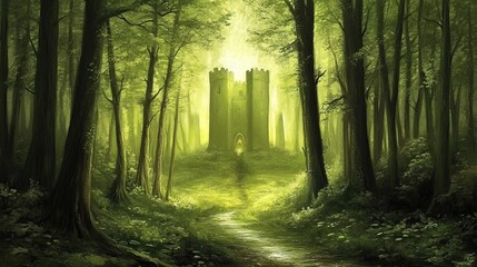 Obraz premium Forest path leads to hidden castle, sunlight dappled, fantasy illustration, game design