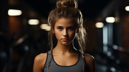 Young beautiful sportive girl training with dumbbells over dark wall.