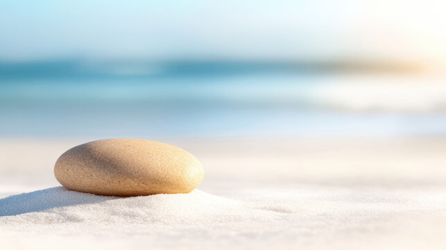 smooth pebble resting on white sand, evoking tranquility by sea