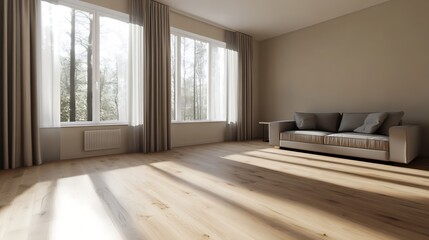 Minimalist living room with large bright windows and comfortable sofa in peaceful residential setting : Generative AI