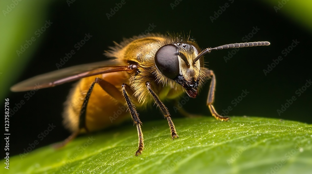 Poster Detail Portrait of Honeybee on Leaf Showcasing Unique Texture and Light Sparkle : Generative AI