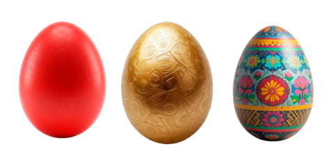 set of 3 easter eggs, red, golden, and painted traditional easter egg on transparent background