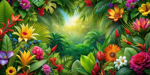 Vibrant tropical floral border with exotic flowers and leaves surrounded by lush greenery and colorful foliage in a beautiful outdoor setting , mature, floral