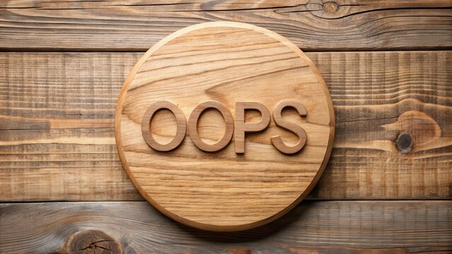 A wooden circle with a distressed finish, bearing an oops sign, as if something went wrong , error, wooden circle
