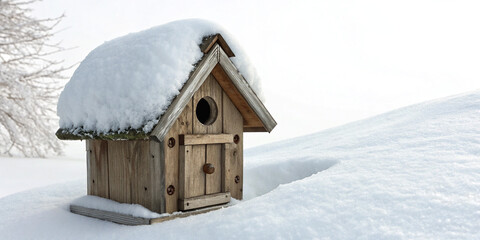 Fototapeta premium A Snow-Covered Birdhouse Isolated on a White Background