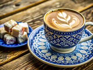 Tasty Cup of Turkish coffee with latte art. Delicious food and drink  background