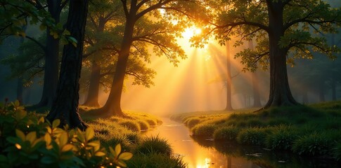 Obraz premium Warm golden light filters through the forest canopy, foliage, landscape, reflection