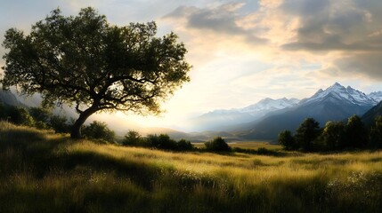 Majestic Tree and Snowy Mountains Under Pastel Sky in Serene Landscape : Generative AI