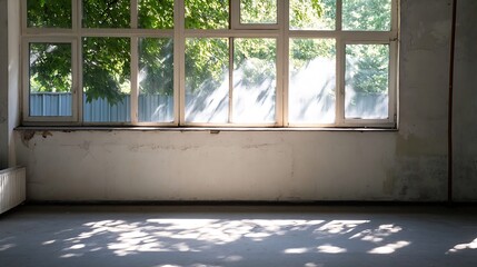 Naklejka premium Abandoned Room with Sunlight Streaming through Large Windows and Overgrown Outdoor View : Generative AI