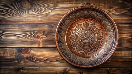 Elegant bronze plate adorns the rustic wooden wall with intricate patterns and designs, adding a touch of classic sophistication to the room , bronze plate, decorative accent