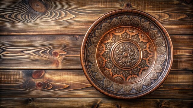 Elegant bronze plate adorns the rustic wooden wall with intricate patterns and designs, adding a touch of classic sophistication to the room , bronze plate, decorative accent