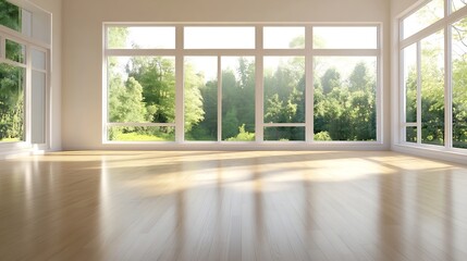 Fototapeta premium Bright Room Interior with Expansive Windows Overlooking Lush Green Forest : Generative AI