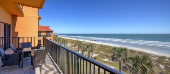Oceanfront balcony with patio furniture, offering stunning beach views.