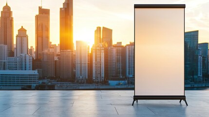 Modern stand display in the foreground against a city skyline during sunset, perfect for presentations and marketing showcases.