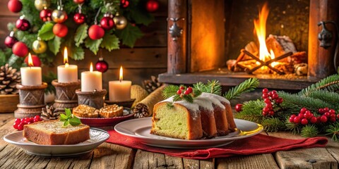 Naklejka premium Traditional German Christmas dessert on a decorated table in front of a wooden stove and festive candles, holiday season , Christmas desserts
