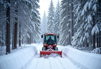 Snowplow clearing a path through deep snow in forest