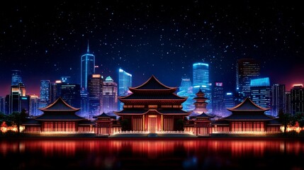 Fototapeta premium Night Cityscape with Illuminated Ancient Temple