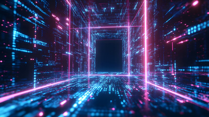 Fototapeta premium A digital world represented by a glowing pink and blue tunnel invites exploration, offering a virtual reality-like experience through a striking geometric structure.