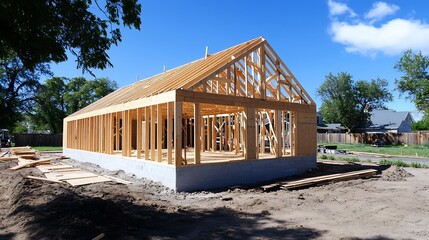 Obraz premium Wooden Frame House Construction Under Clear Blue Sky : Generative AI
