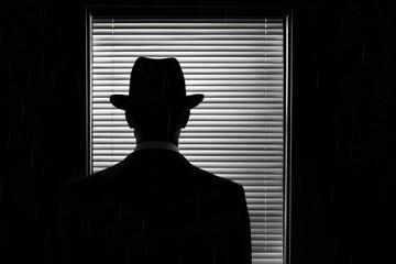 Silhouette of a mysterious person in a suit and hat, standing by a window with closed blinds, creating an intriguing and dramatic atmosphere.