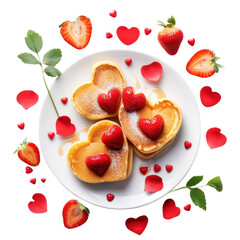 Fototapeta premium Delicious heart shaped pancakes topped with fresh strawberries and surrounded by decorative hearts create romantic and festive atmosphere. Perfect for celebrations
