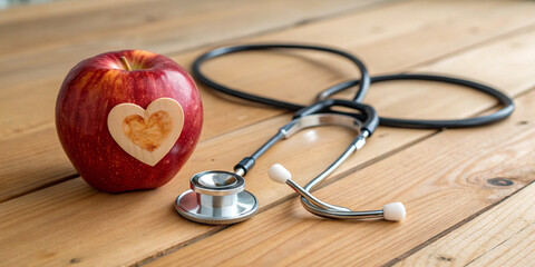 Symbolic Stethoscope and Red Apple with Heart Shape on Wood for Health Themes