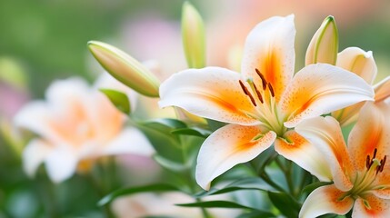 Fototapeta premium Elegant White and Orange Lilies in Full Bloom Amidst a Soft Green Backdrop : Generative AI