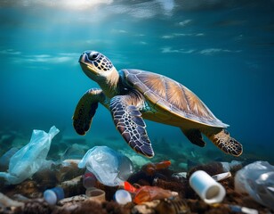 Fototapeta premium Turtles swimming with plastic waste in the ocean highlight environmental issues.