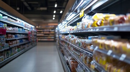 Fototapeta premium Diverse Product Aisle in Modern Supermarket with Vibrant Packaging Display : Generative AI