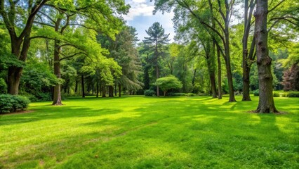 Overgrown grass lawn with weeds and tall trees in the background
