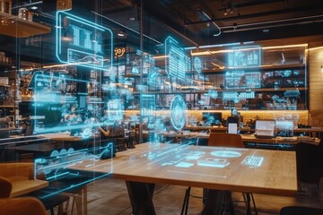 Holographic AI in a coworking cafe visualizes marketing analytics.