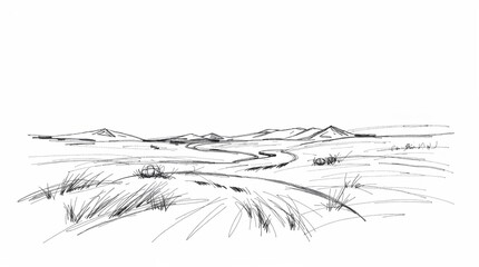 Dynamic hand-drawn sketch of a serene landscape photograph in motion; blurred lines, action poses, rough textured pencil strokes on a white background.