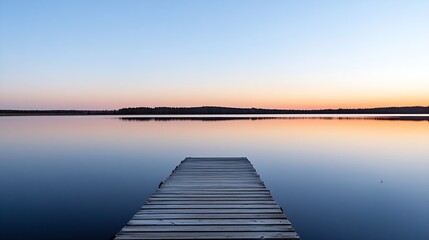 Fototapeta premium Serene lake view at sunset with a wooden pier extending into calm waters : Generative AI