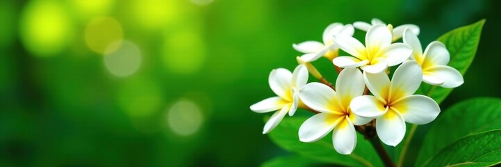 Naklejka premium White plumeria flowers blooming in clusters against a lush green background with yellow highlights and delicate petals, white plumeria, floral arrangement
