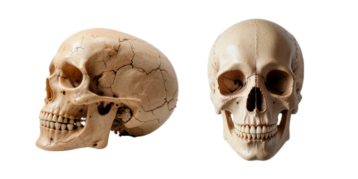 human skull head front and side on a transparent background