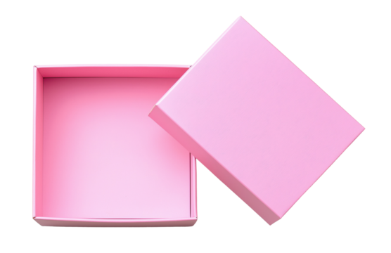 Opened empty pink box with lid isolated on transparent background