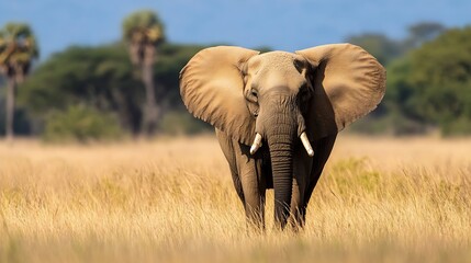 Obraz premium Majestic Elephant Standing in the African Savanna with Trees and Grass in the Morning Light : Generative AI