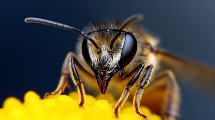 CloseUp View of a Bumblebee Collecting Pollen from Bright Yellow Flower : Generative AI