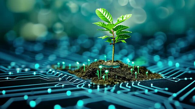 Tree with soil growing on the converging point of computer circuit board. Blue light and wireframe network background. Green Computing, Green Technology, Green IT, csr, and IT ethics Concept