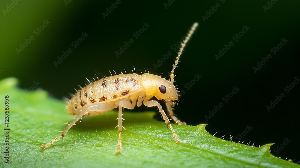 Poster Macro close up of a tiny yellowish beetle showcasing delicate features on a fresh green leaf background : Generative AI