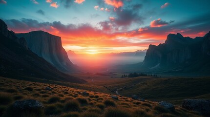 Fototapeta premium A serene landscape photograph divided into distinct sections, each boldly showcasing epic, amazing lens glow lighting, and a modern future grand epic scene.